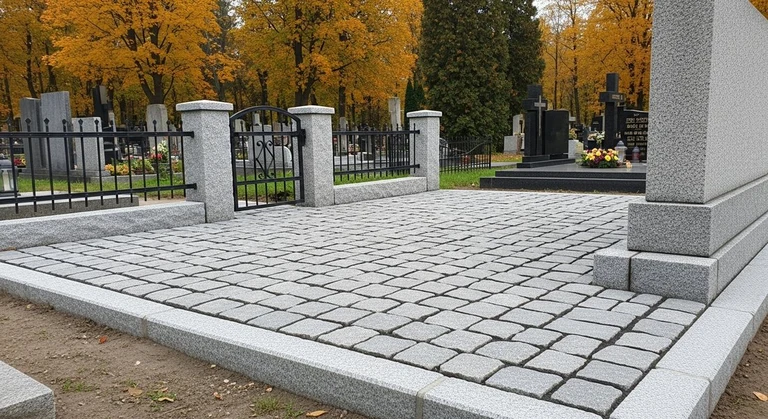 Благоустройство захоронений в Москве — мощение гранитной плиткой, цоколь и ограда на ухоженном участке
