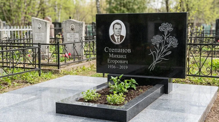 Памятник с гравировкой гвоздик — выполненная работа «Степанов» в Москве
