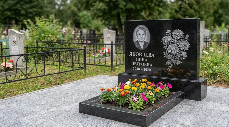 Гравировка хризантем на памятник в Москве — пример работы на граните