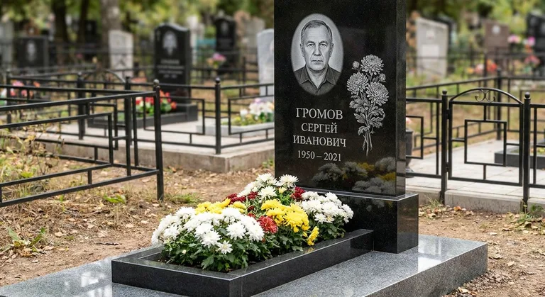 Памятник с гравировкой хризантем — выполненная работа «Громов» в Москве