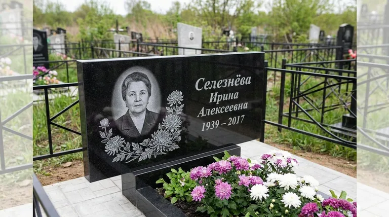 Памятник с гравировкой хризантем — выполненная работа «Селезнёва» в Москве