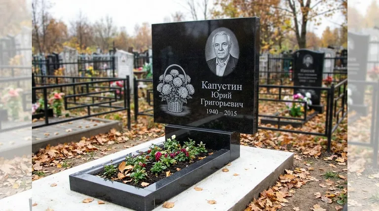 Памятник с гравировкой хризантем — выполненная работа «Капустин» в Москве
