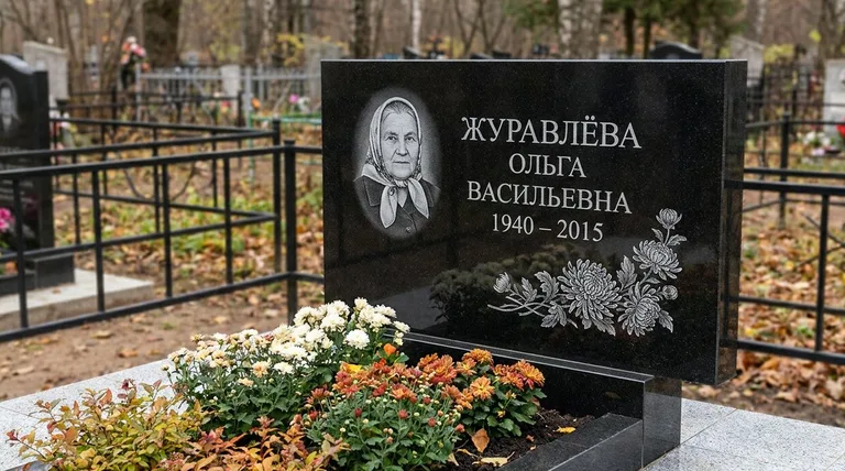 Памятник с гравировкой хризантем — выполненная работа «Журавлёва» в Москве