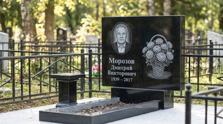 Памятник с гравировкой хризантем — выполненная работа «Морозов» в Москве