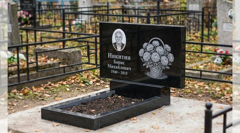 Памятник с гравировкой хризантем — выполненная работа «Никитин» в Москве