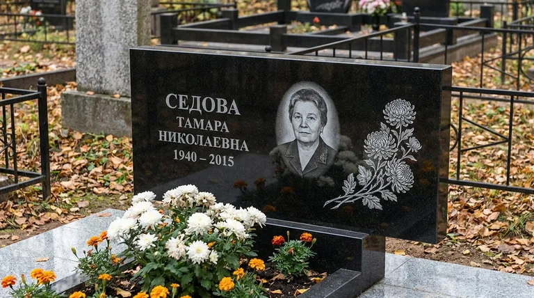 Памятник с гравировкой хризантем — выполненная работа «Седова» в Москве