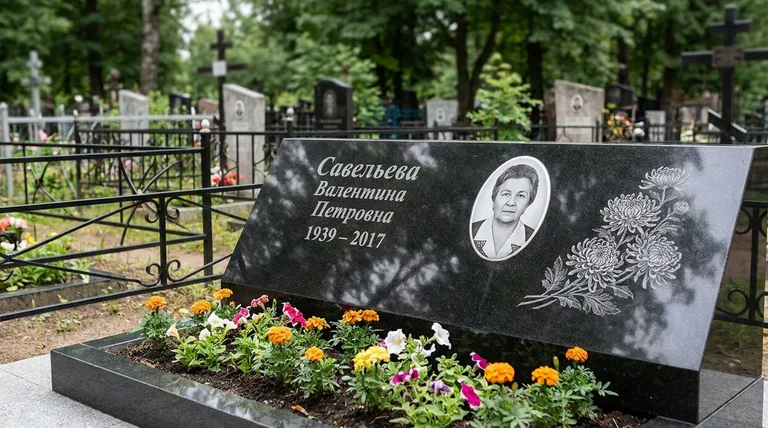 Памятник с гравировкой хризантем — выполненная работа «Савельева» в Москве