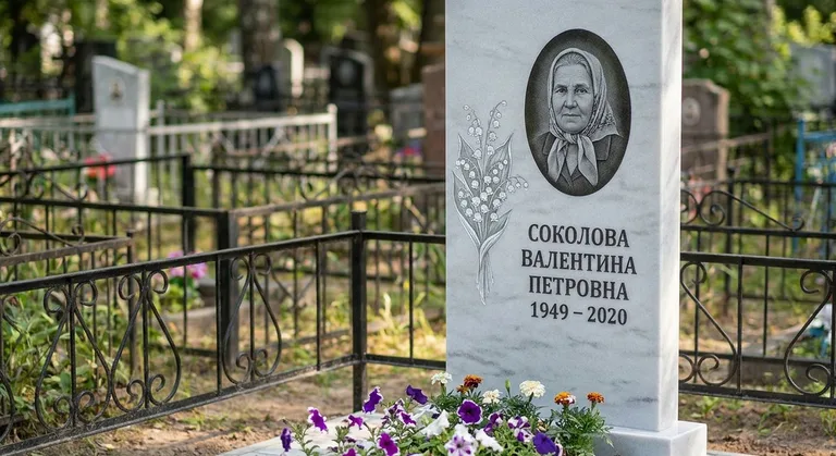 Памятник с гравировкой ландышей — выполненная работа «Соколова» в Москве