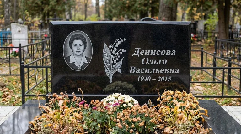 Памятник с гравировкой ландышей — выполненная работа «Денисова» в Москве