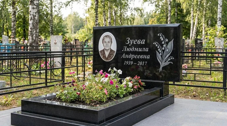 Памятник с гравировкой ландышей — выполненная работа «Зуева» в Москве