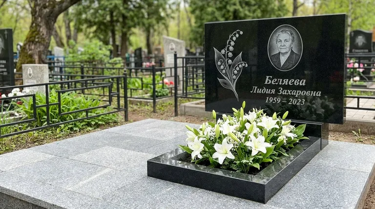 Памятник с гравировкой ландышей — выполненная работа «Беляева» в Москве