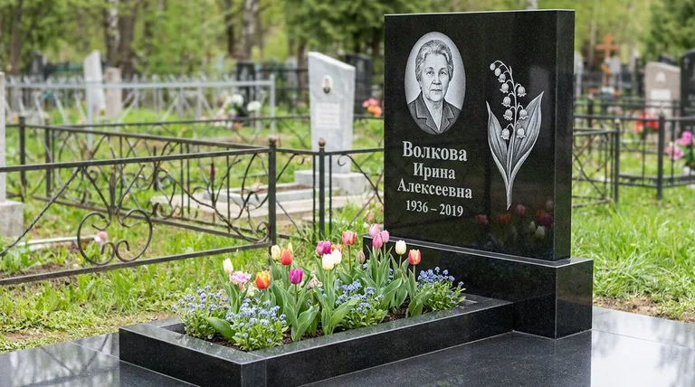 Памятник с гравировкой ландышей — выполненная работа «Волкова» в Москве