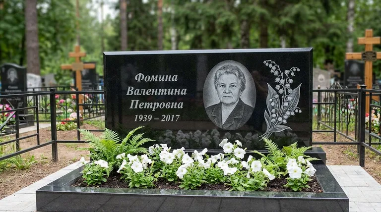 Памятник с гравировкой ландышей — выполненная работа «Фомина» в Москве