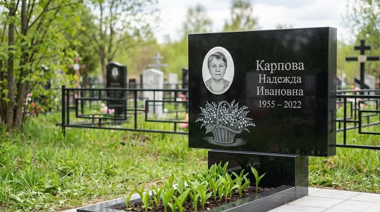 Памятник с гравировкой ландышей — выполненная работа «Карпова» в Москве