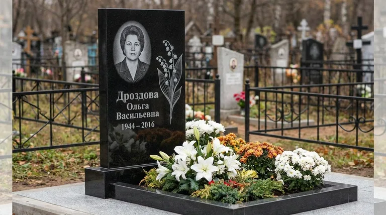 Памятник с гравировкой ландышей — выполненная работа «Дроздова» в Москве