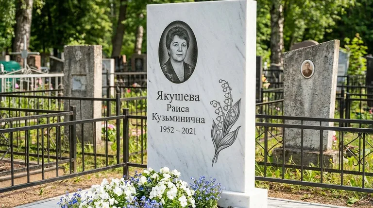 Памятник с гравировкой ландышей — выполненная работа «Якушева» в Москве