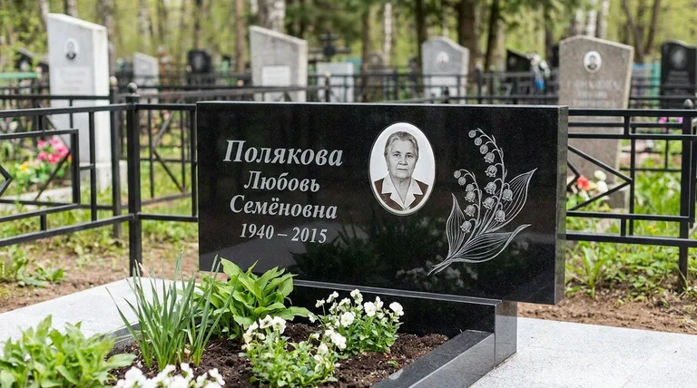 Памятник с гравировкой ландышей — выполненная работа «Полякова» в Москве