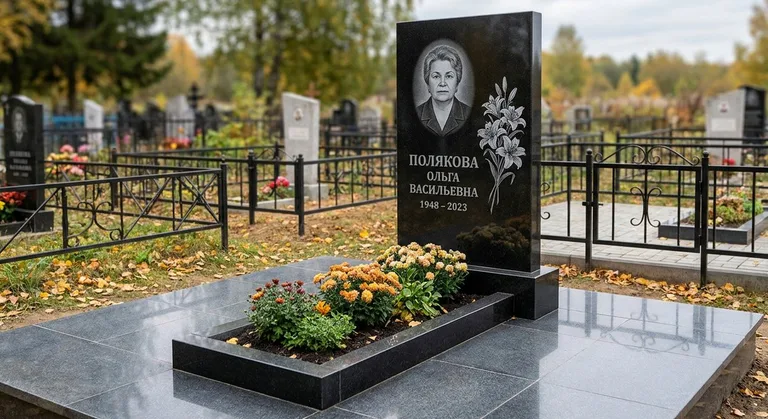 Памятник с гравировкой лилий — выполненная работа «Полякова» в Москве