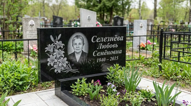 Памятник с гравировкой лилий — выполненная работа «Селезнёва» в Москве