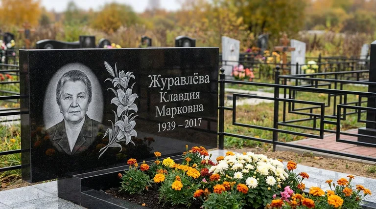 Памятник с гравировкой лилий — выполненная работа «Журавлёва» в Москве