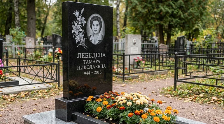 Памятник с гравировкой лилий — выполненная работа «Лебедева» в Москве