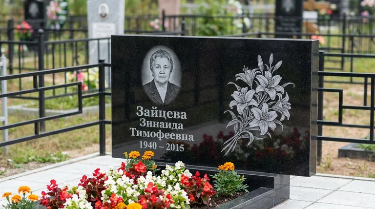 Памятник с гравировкой лилий — выполненная работа «Зайцева» в Москве