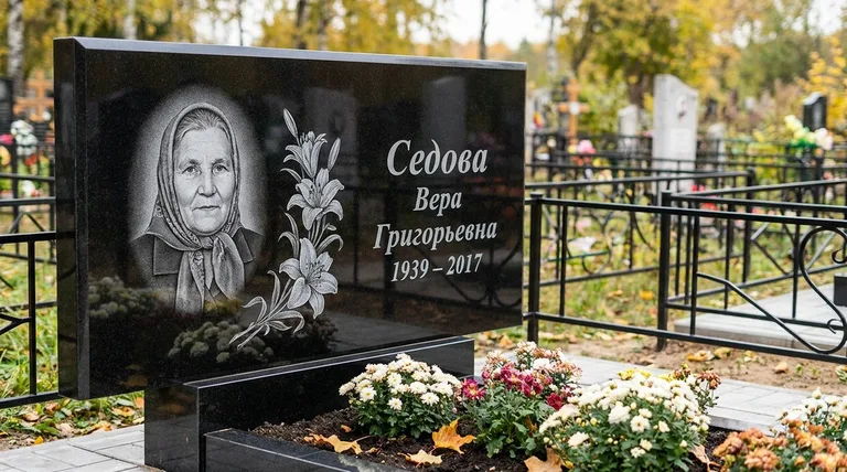 Памятник с гравировкой лилий — выполненная работа «Седова» в Москве
