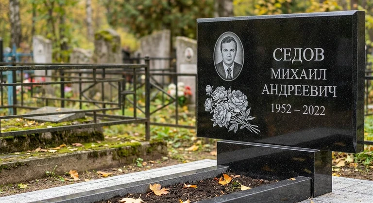 Гравировка пионов на памятник в Москве — пример работы на граните