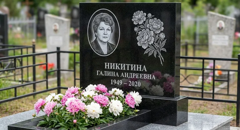 Памятник с гравировкой пионов — выполненная работа «Никитина» в Москве
