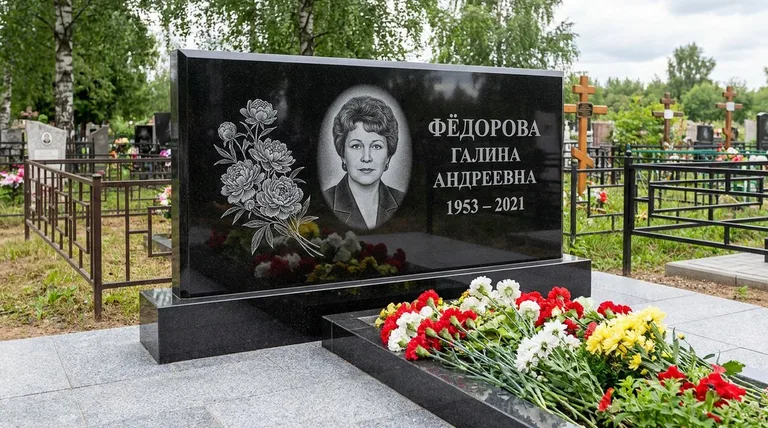 Памятник с гравировкой пионов — выполненная работа «Фёдорова» в Москве