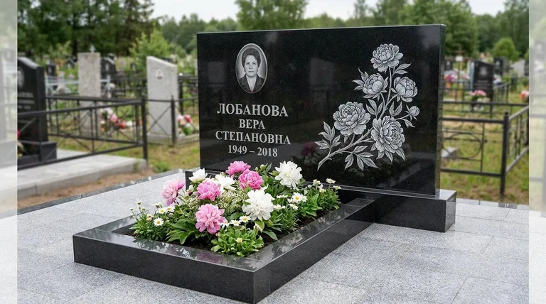 Памятник с гравировкой пионов — выполненная работа «Лобанова» в Москве