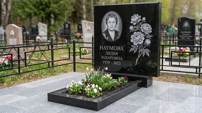 Памятник с гравировкой пионов — выполненная работа «Наумова» в Москве