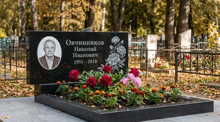 Памятник с гравировкой пионов — выполненная работа «Овчинников» в Москве