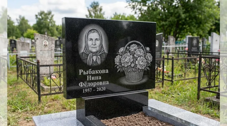 Памятник с гравировкой пионов — выполненная работа «Рыбакова» в Москве