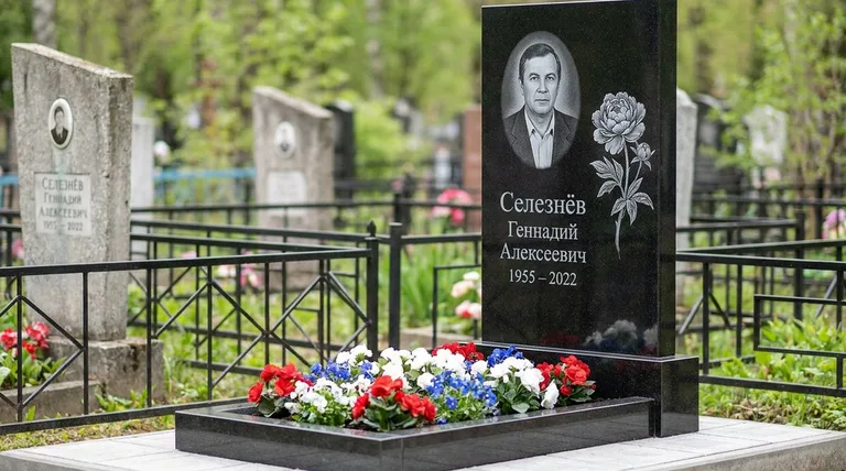 Памятник с гравировкой пионов — выполненная работа «Селезнёв» в Москве