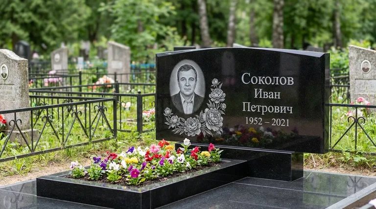 Памятник с гравировкой пионов — выполненная работа «Соколов» в Москве