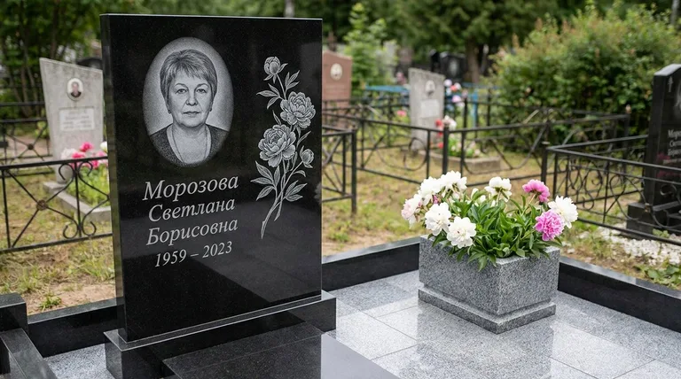 Памятник с гравировкой пионов — выполненная работа «Морозова» в Москве