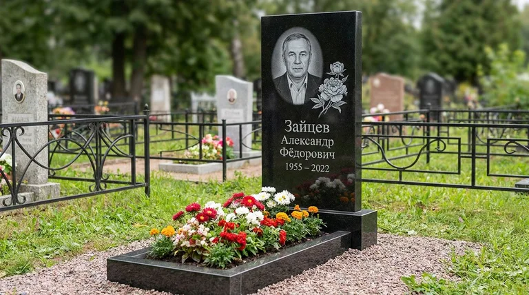 Памятник с гравировкой пионов — выполненная работа «Зайцев» в Москве