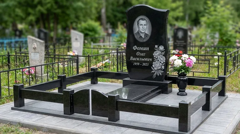Памятник с гравировкой пионов — выполненная работа «Фомин» в Москве