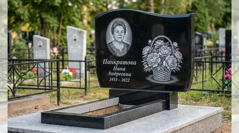 Памятник с гравировкой пионов — выполненная работа «Панкратова» в Москве