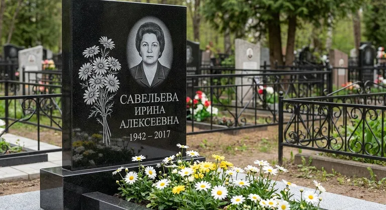 Памятник с гравировкой ромашек — выполненная работа «Савельева» в Москве