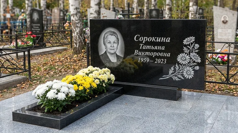 Памятник с гравировкой ромашек — выполненная работа «Сорокина» в Москве