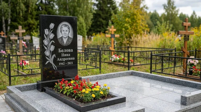 Памятник с гравировкой тюльпанов — выполненная работа «Белова» в Москве
