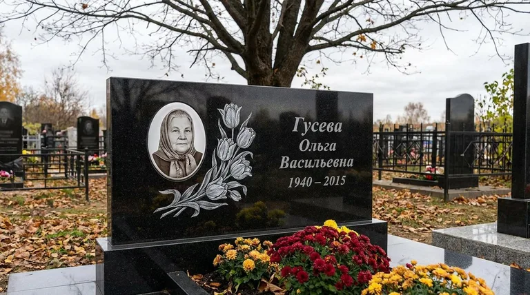 Памятник с гравировкой тюльпанов — выполненная работа «Гусева» в Москве