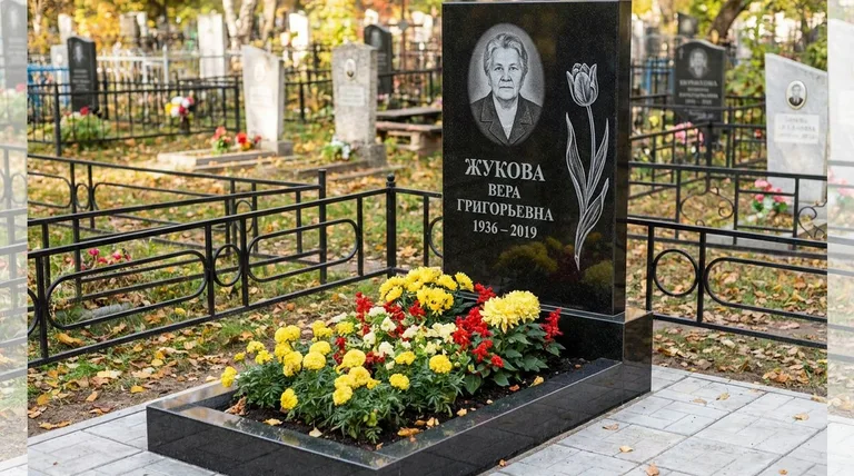 Памятник с гравировкой тюльпанов — выполненная работа «Жукова» в Москве