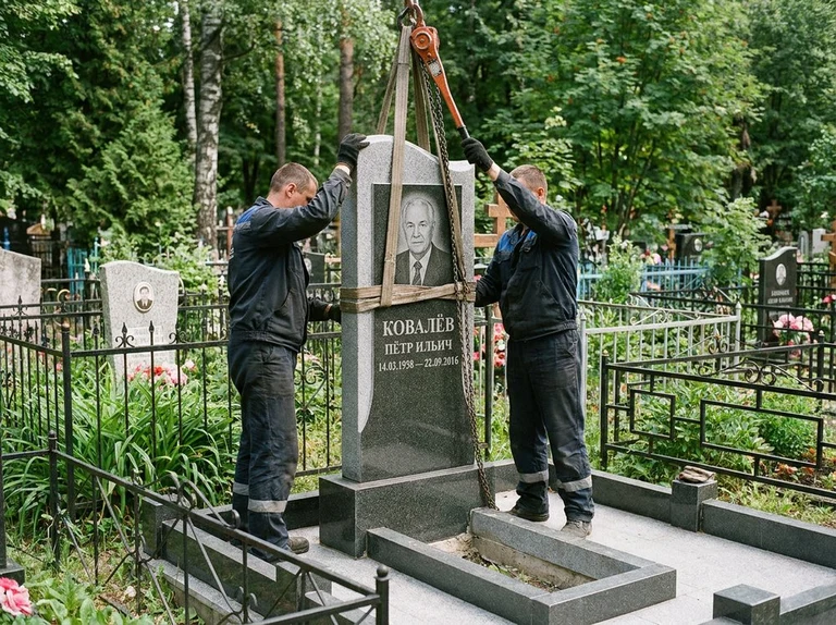 Демонтаж памятника на кладбище в Москве — бригада аккуратно снимает старый гранитный памятник с могилы