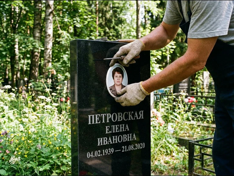 Фото на керамике на памятник в Москве — мастер устанавливает овальный керамический портрет на гранитный памятник
