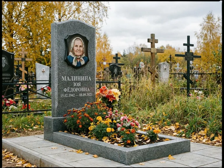 Чёрно-белый керамический портрет на памятнике в Москве