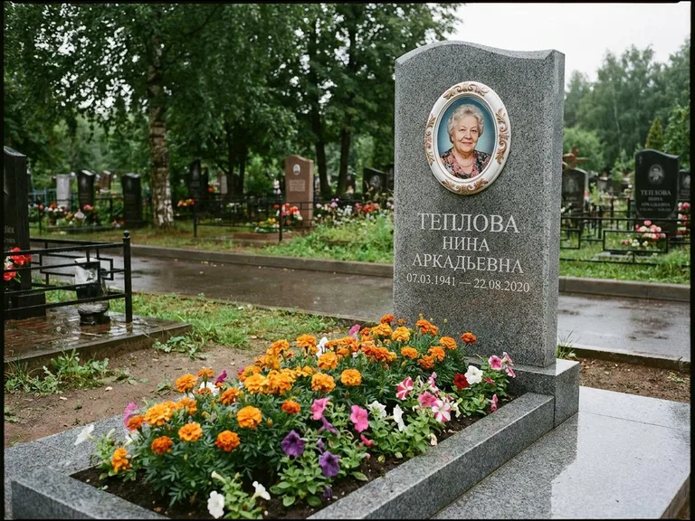 Керамический портрет на памятнике с цветами в Москве