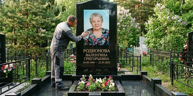 Фотокерамика и печать фото на памятник в Москве — мастер устанавливает цветной портрет на стекле на гранитный памятник